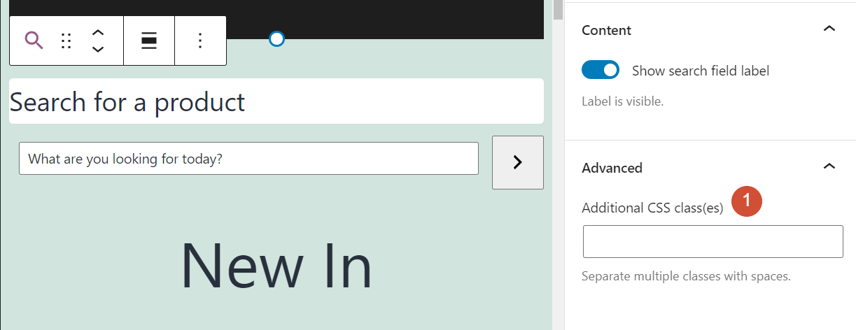 Adăugarea de clase CSS personalizate la blocul Product Search