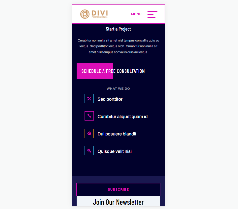 Blurb 모듈이 있는 전화기 바닥글 항목