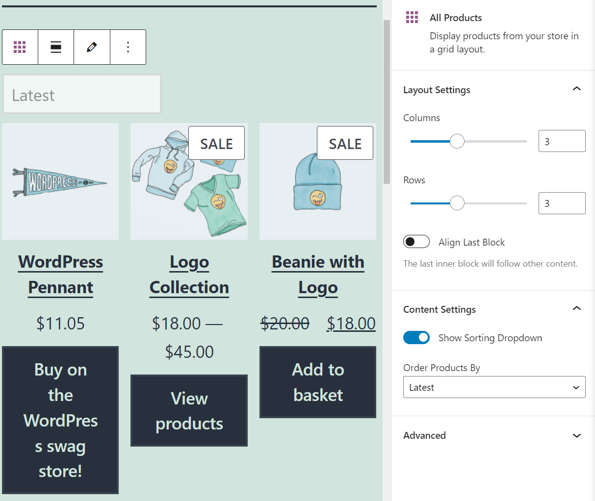 配置所有產品 WooCommerce 塊