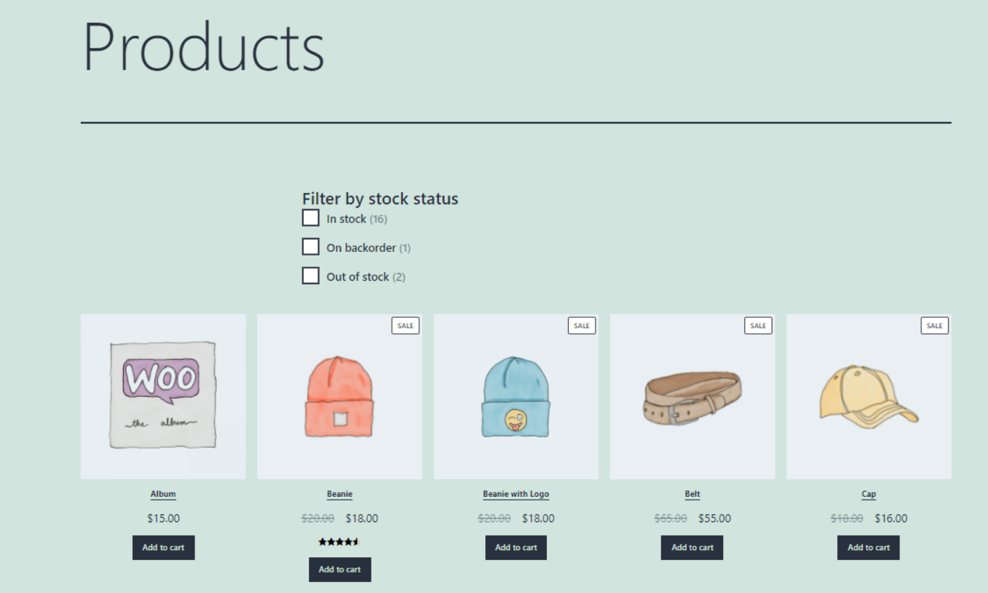 프론트 엔드에 있는 Filter Product by Stock 블록의 미리보기입니다.