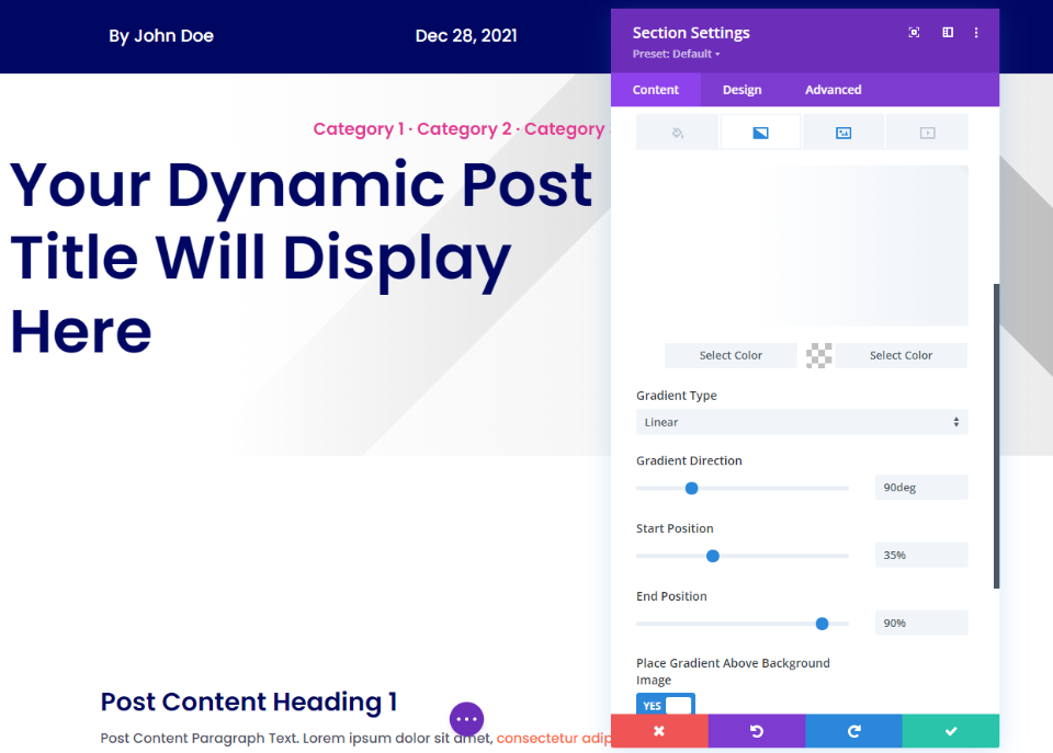 Ajouter une image pleine largeur au modèle d'article de blog avec un arrière-plan de section dynamique