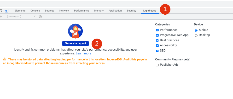 Опция Google Lighthouse в Chrome DevTools.
