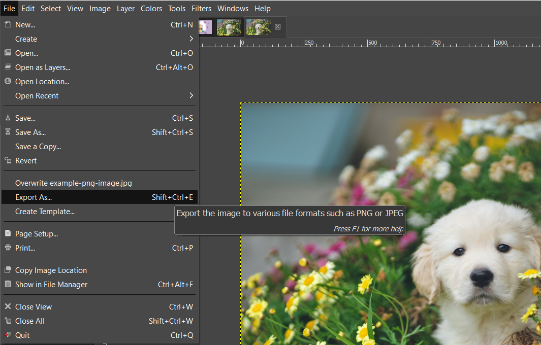 Exportieren eines Bildes in GIMP.