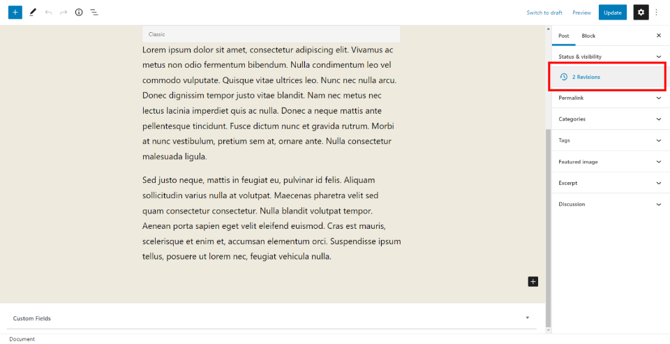 Ripristina le revisioni dei post nell'editor Gutenberg