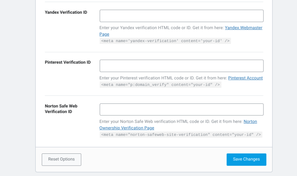 Il campo Yandex Verification ID nel plugin Rank Math SEO in WordPress.