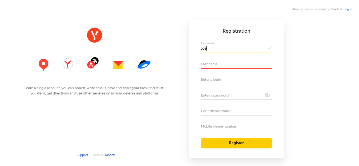 Il modulo di registrazione per gli strumenti Yandex Webmaster.