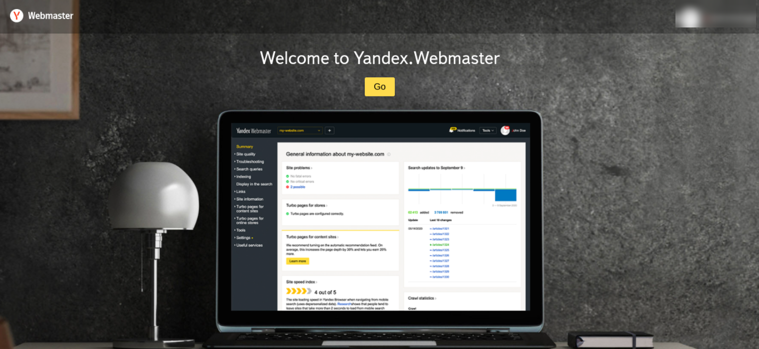 La schermata del webmaster Yandex.