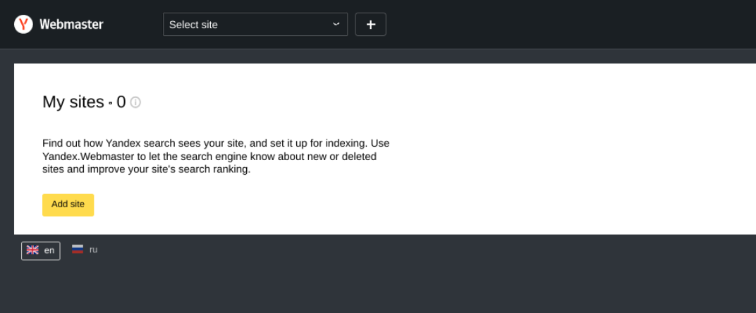 L'opzione per aggiungere un sito a un account Yandex Webmaster Tools.