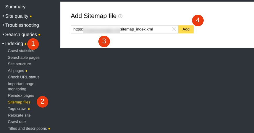Invio di una mappa del sito XML negli strumenti per i webmaster di Yandex.
