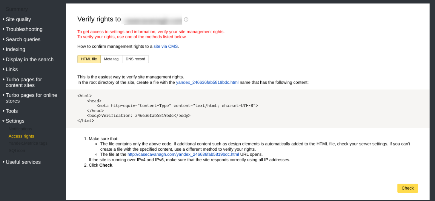 La schermata di verifica del sito Web Yandex.