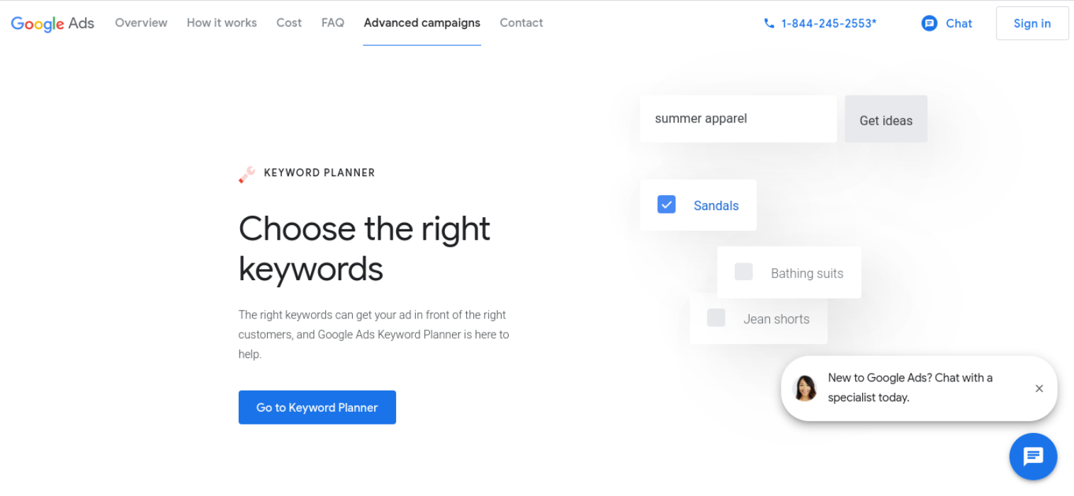 Сайт Планировщика ключевых слов Google.
