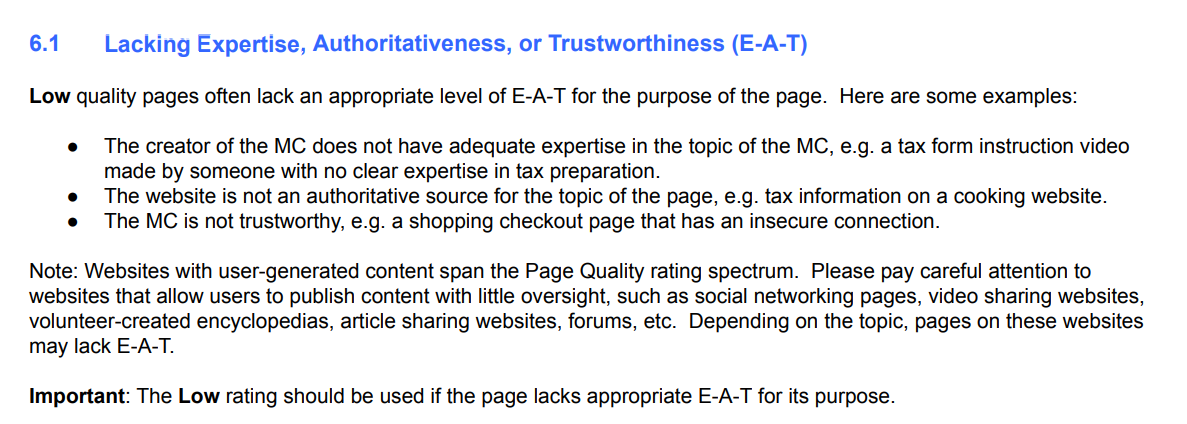 Parte das diretrizes de classificação do Google para E-A-T SEO