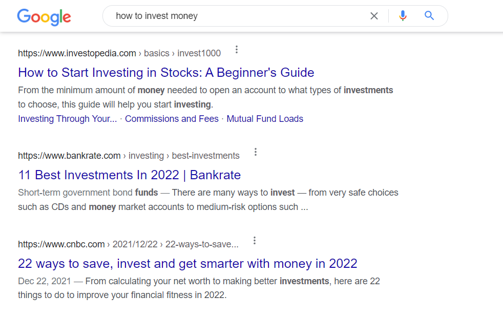 Uma pesquisa no Google sobre como investir dinheiro, um tópico YMYL.