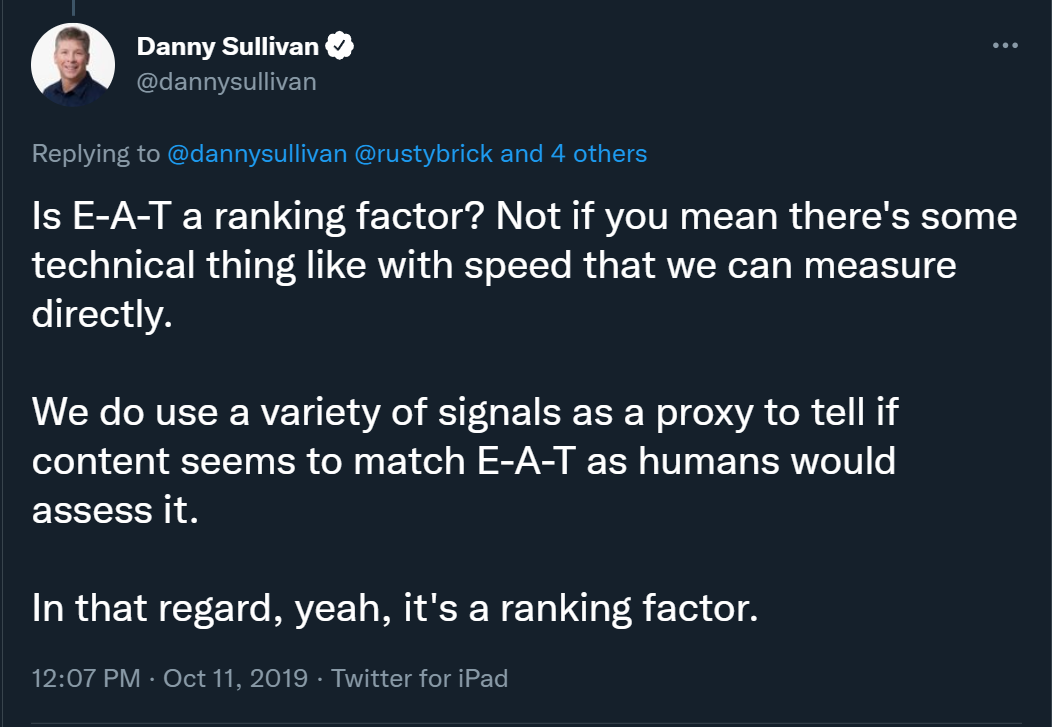 Um Tweet sobre E-A-T SEO de Danny Sullivan