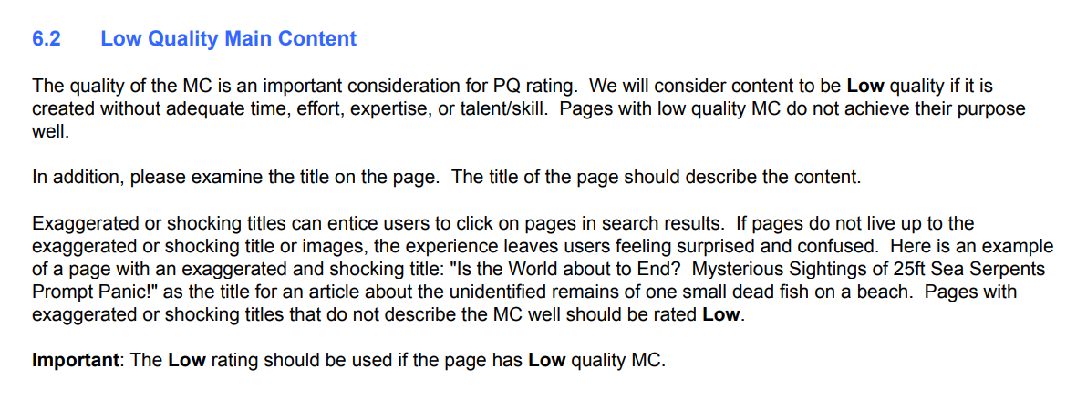 Diretrizes de conteúdo de baixa qualidade do Google para E-A-T SEO.