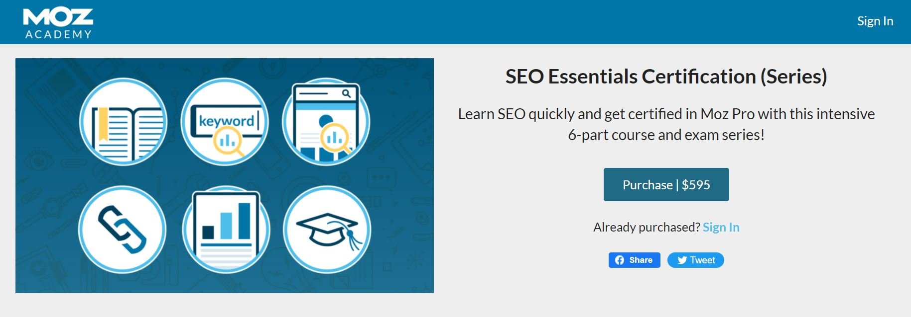 O curso de Certificação SEO Essentials da Moz inclui treinamento em pesquisa de palavras-chave.