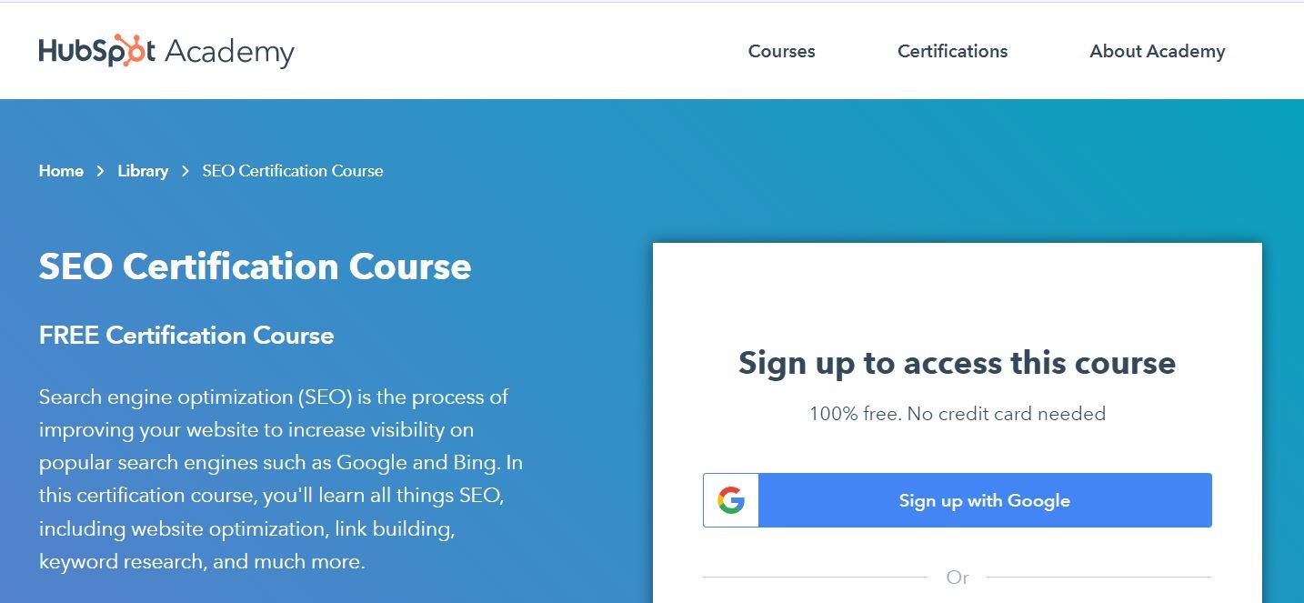 Página do curso de certificação de SEO no HubSpot