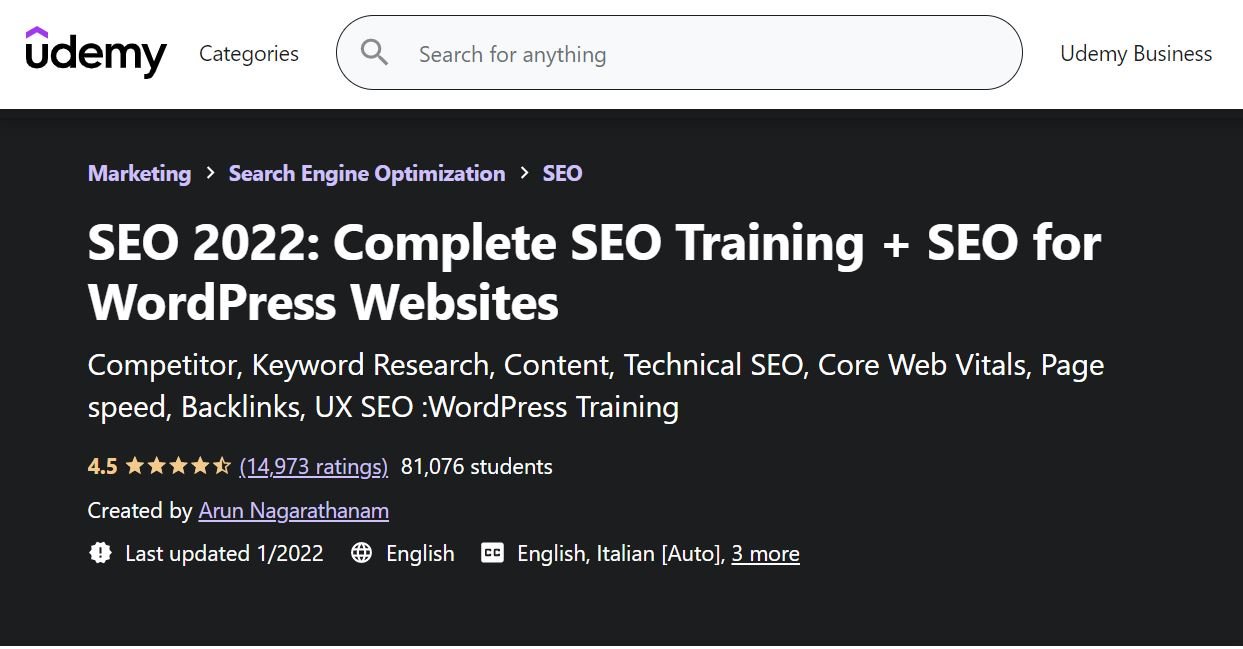 A página do curso SEO 2022 Udemy