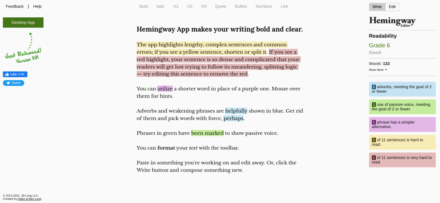 Hemingway 앱 웹사이트는 SEO 목적을 위한 최고의 단어 수를 달성하는 데 도움이 될 수 있습니다.