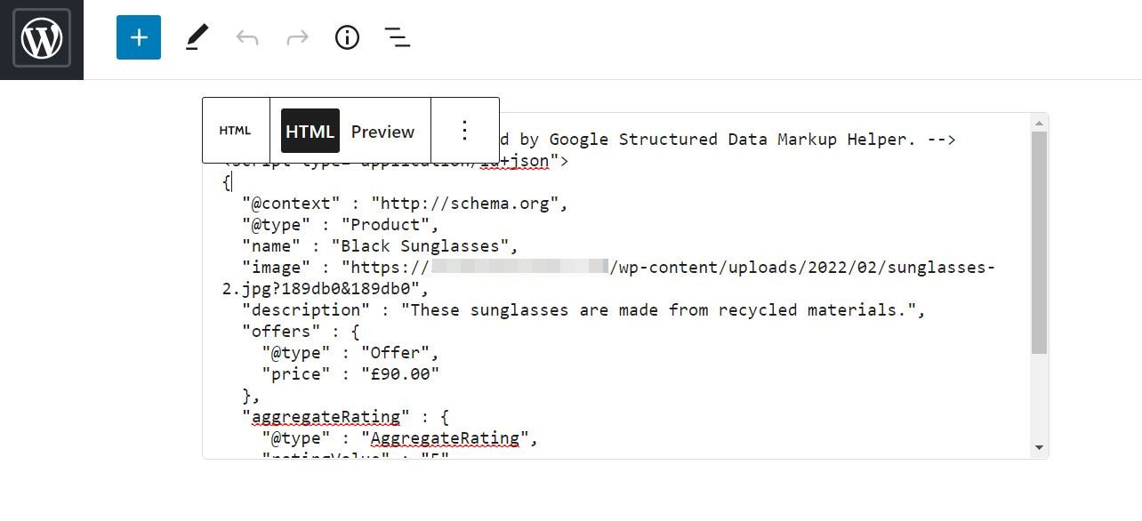 Ajout de HTML dans la page WordPress pour le référencement du balisage de schéma.