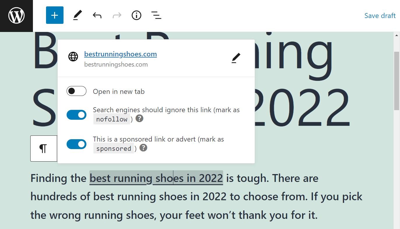 在 Gutenberg 中添加 nofollow 和讚助鏈接屬性