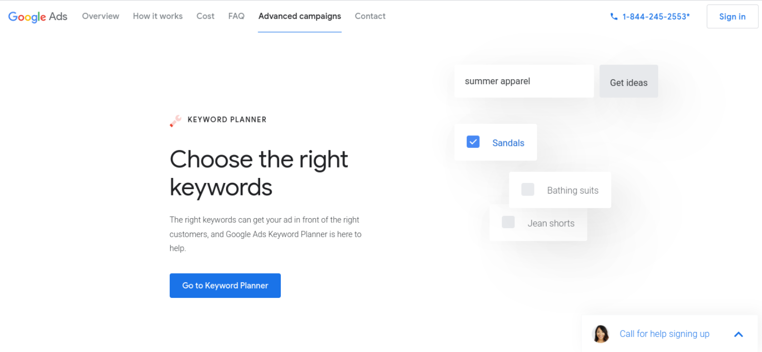 Witryna Planera słów kluczowych Google.