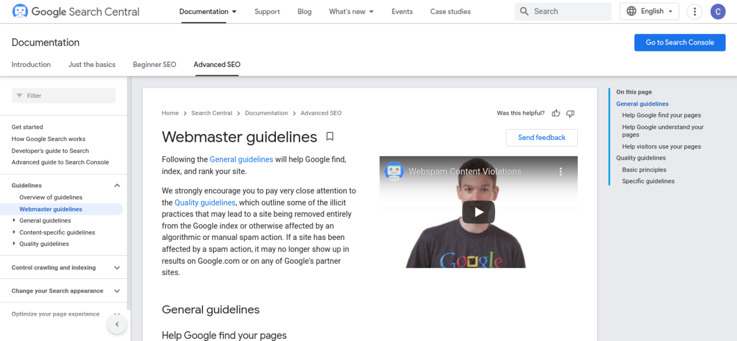 Le linee guida per i webmaster di Google.