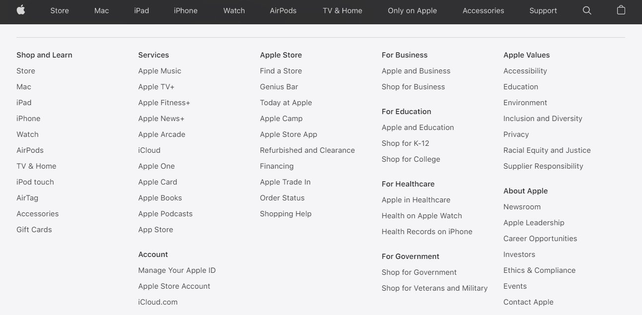 Apple 웹사이트에 있는 HTML 사이트맵의 예
