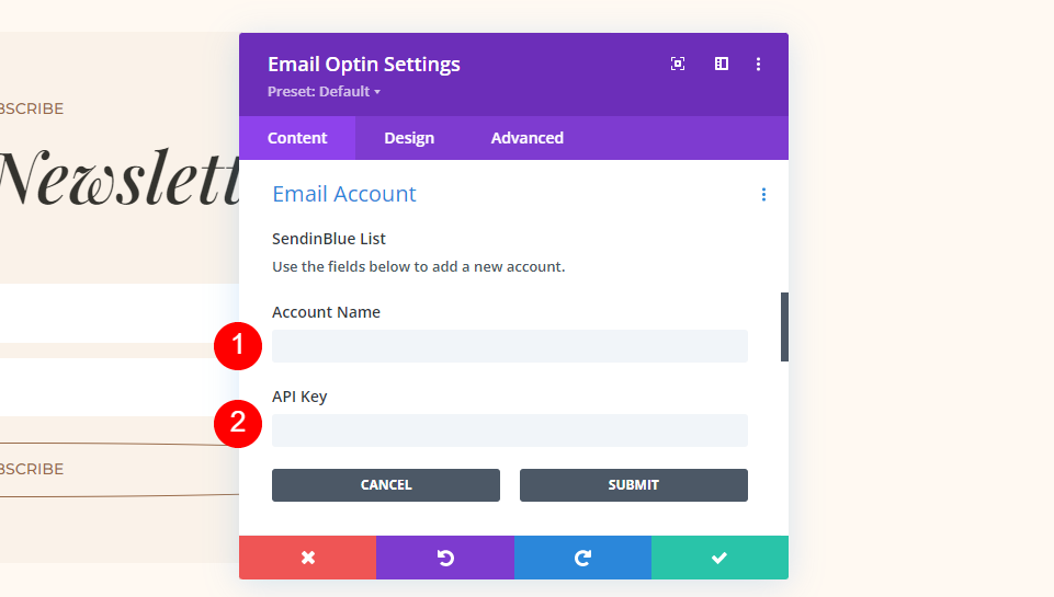 SendinBlue Divi Esempio di configurazione dell'account e-mail