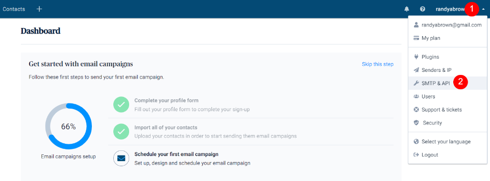 SendinBlue Divi Esempio di configurazione dell'account e-mail