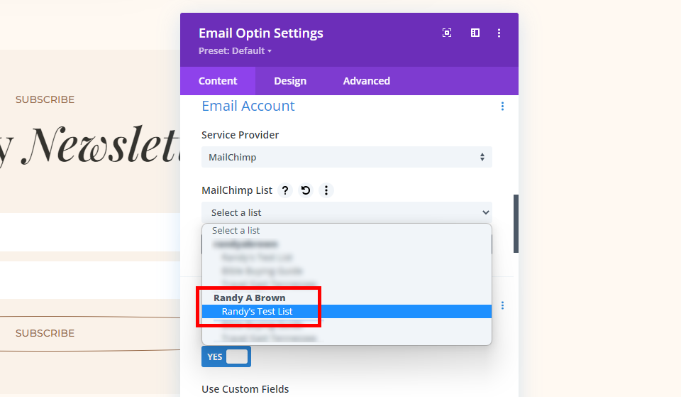MailChimp Divi Configura un esempio di account e-mail