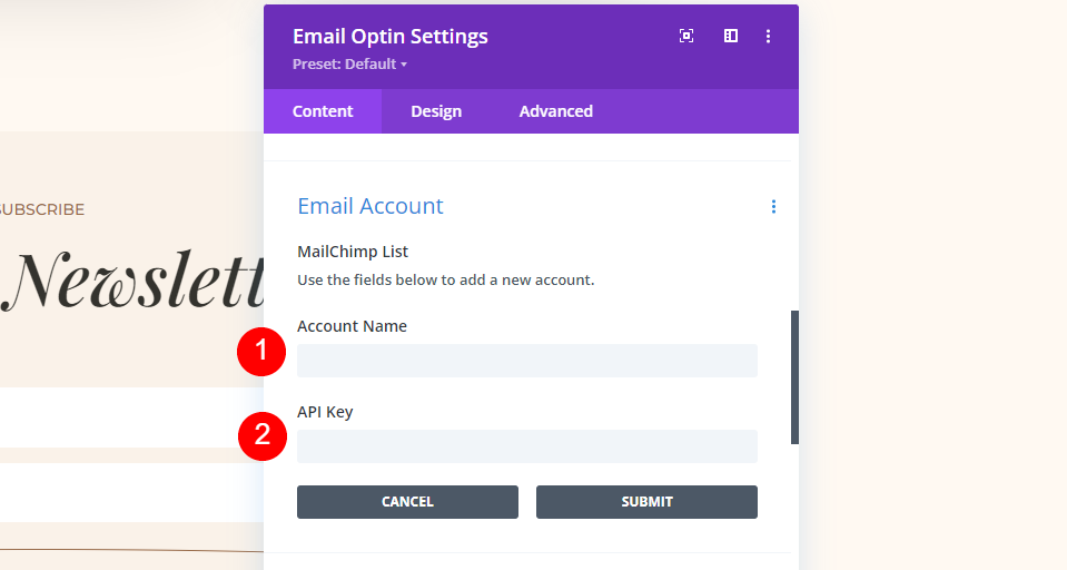 MailChimp Divi Configura un esempio di account e-mail
