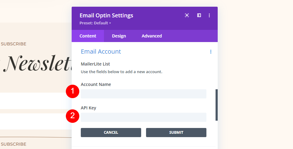 MailerLite Divi Configura un esempio di account e-mail
