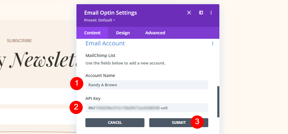 MailChimp Divi Configura un esempio di account e-mail