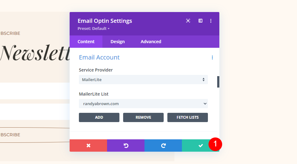 MailerLite Divi Configura un esempio di account e-mail