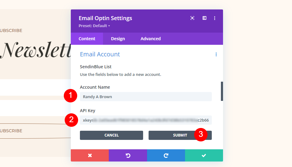 SendinBlue Divi Esempio di configurazione dell'account e-mail