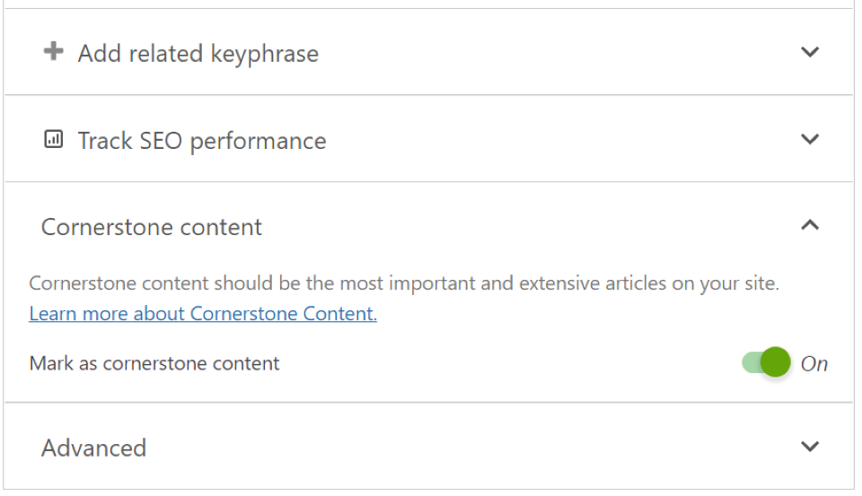 Il pulsante di attivazione/disattivazione per i contenuti fondamentali in Yoast SEO