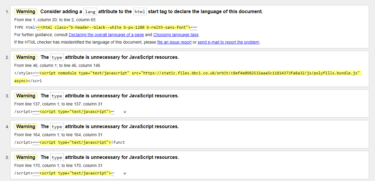 I risultati generati dal validatore W3C
