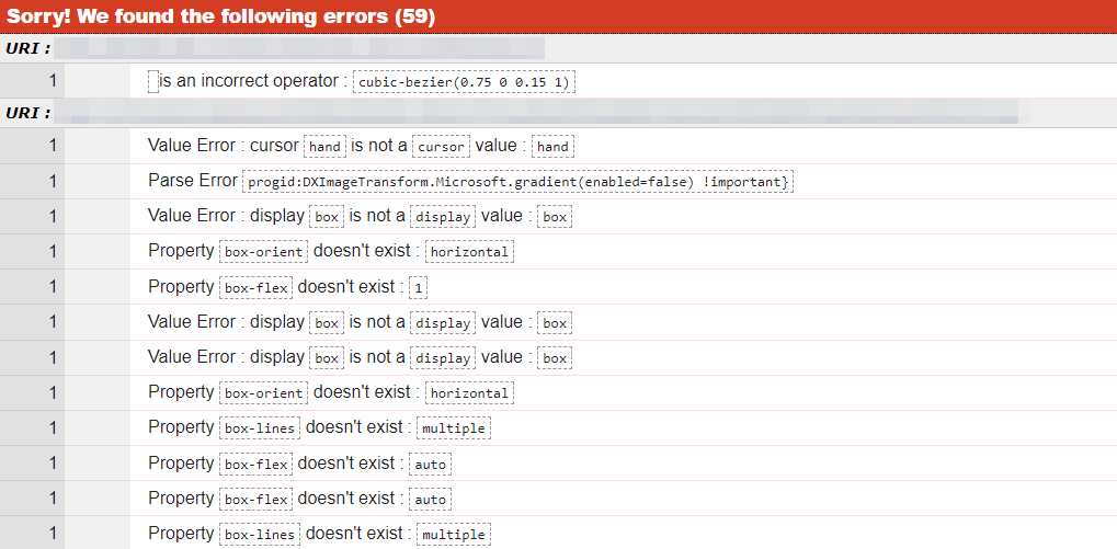 Risultati generati dal validatore CSS