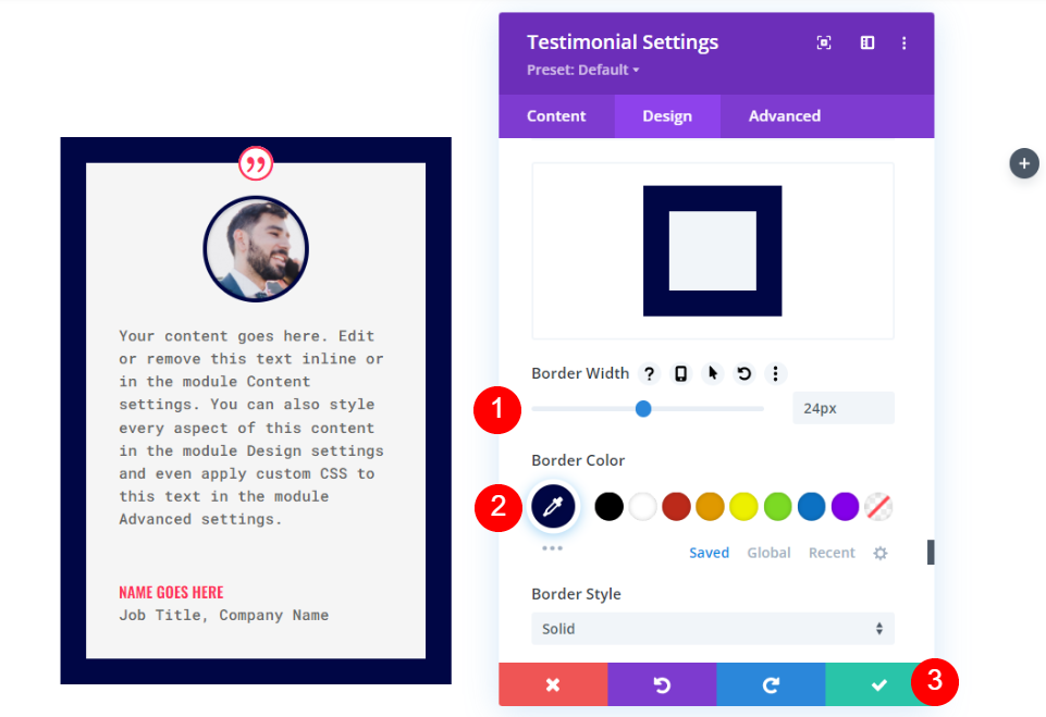 Configuración de diseño del módulo de testimonios