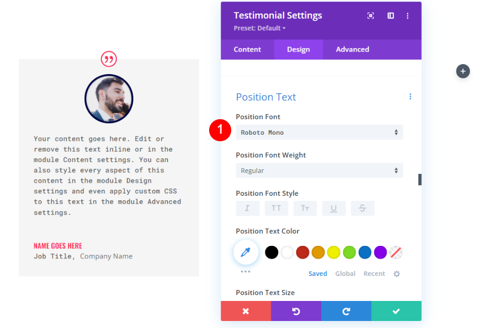 Configuración de diseño del módulo de testimonios