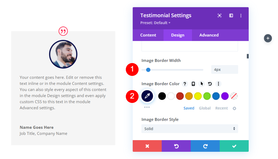 Configuración de diseño del módulo de testimonios