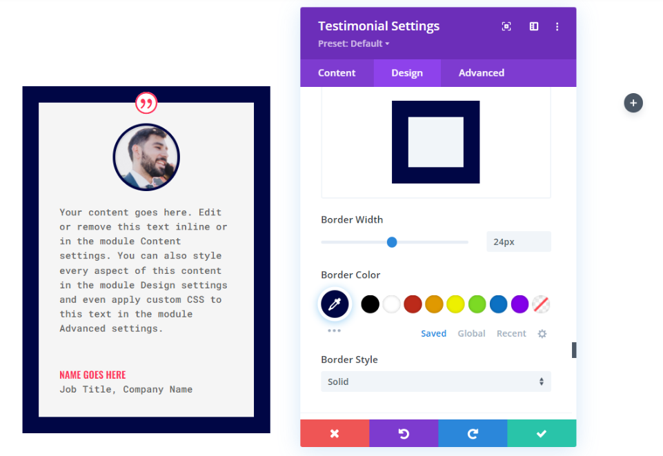 Configuración de diseño del módulo de testimonios