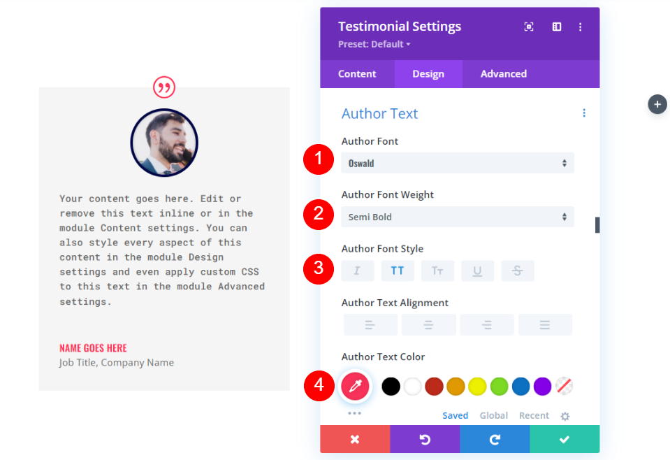 Configuración de diseño del módulo de testimonios