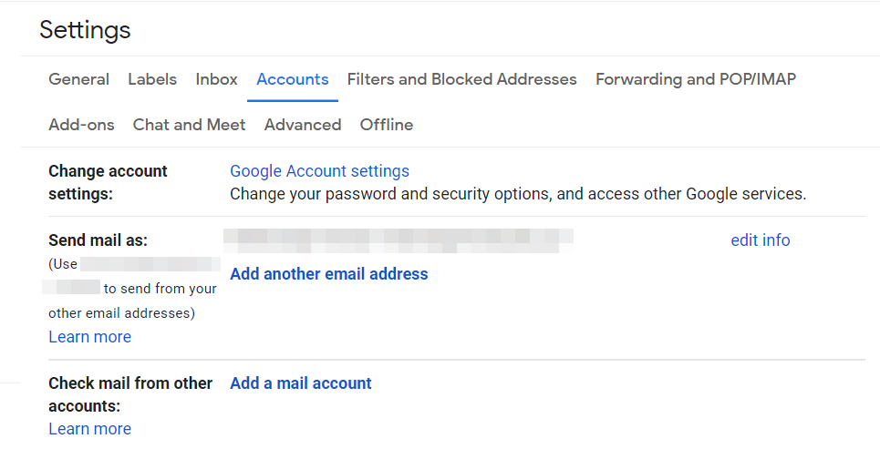 Página de cuentas e importación en la configuración de Gmail