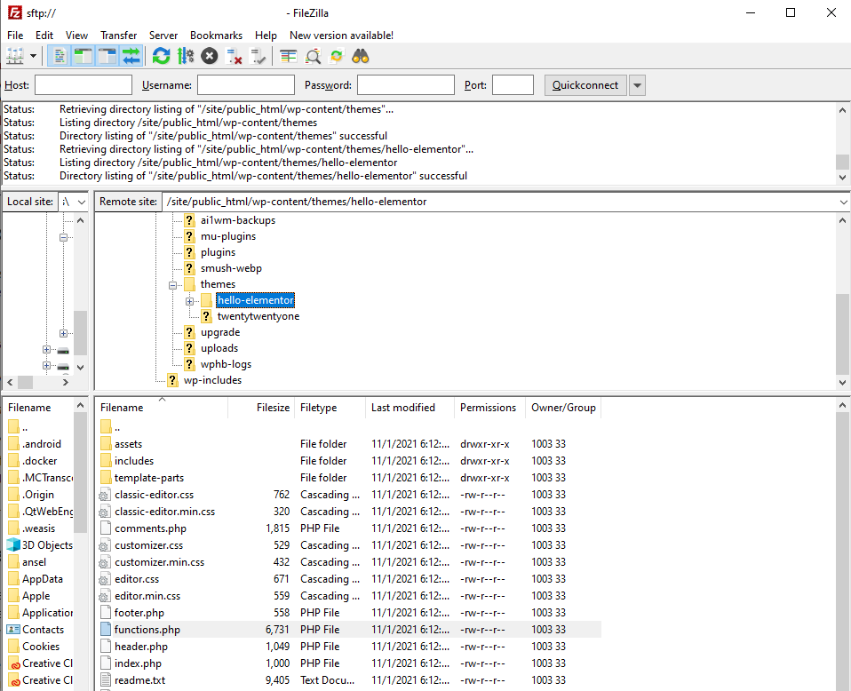 صورة لتطبيق FileZilla متصل بموقع يوضح كيفية تحرير jobs.php في WordPress