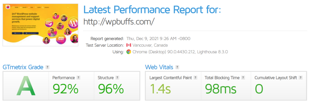 GTmetrix 中 WP Buffs 速度性能報告的圖像