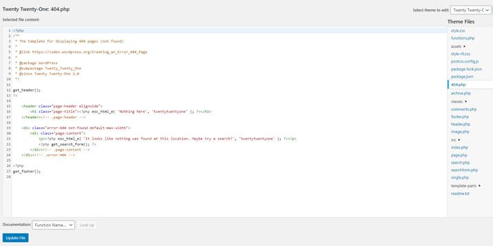 Imagem de como editar uma página 404 no WordPress usando o editor de temas.