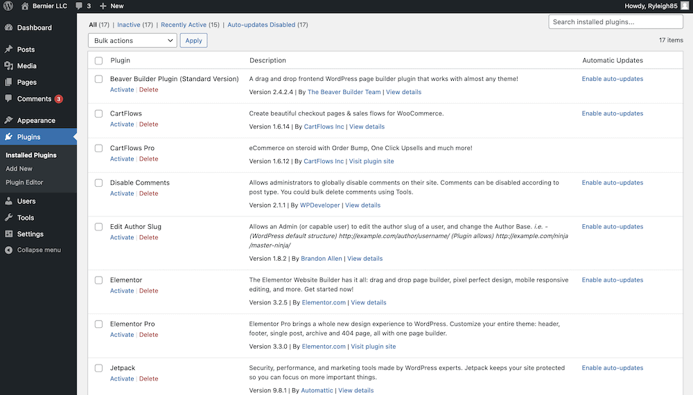 WordPress 後端的插件頁面。