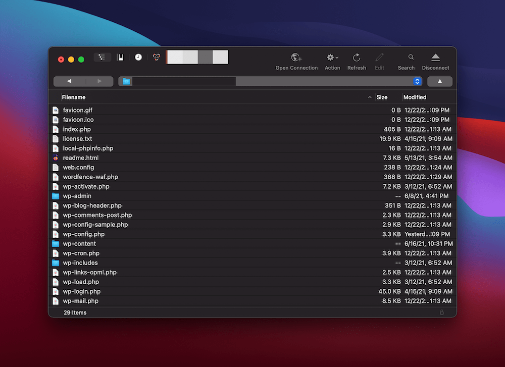 使用 SFTP 的 WordPress 根方向。